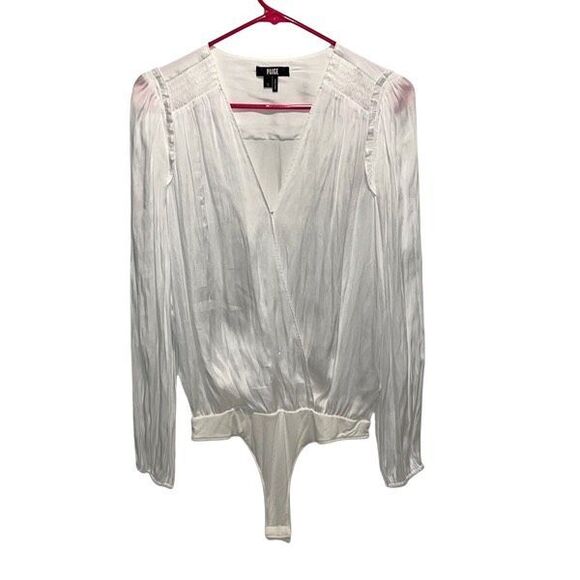 Paige Womens‎ Satin Long Sleeve V-Neck Wrap Whitney Bodysuit Blouse White Small - Picture 2 of 9
